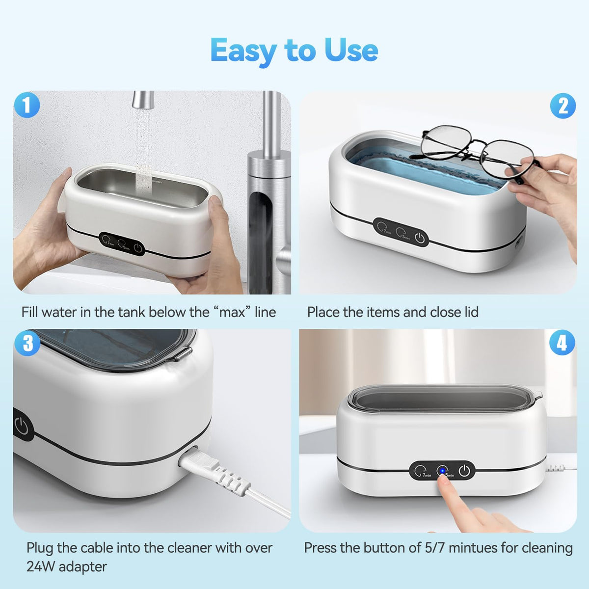Ultrasonic Jewelry Cleaner, 48KHz Ultrasonic Cleaner Machine for Jewelry, Eyeglasses, Rings, Watch Strap, Dentures-Dual Cleaning Modes