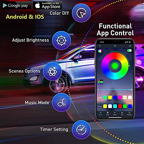 Underglow Kit for Car, Led Underglow Lights with App and Remote Control, 16 Million RGB Colors, 29 Preset Modes, Music & DIY Mode