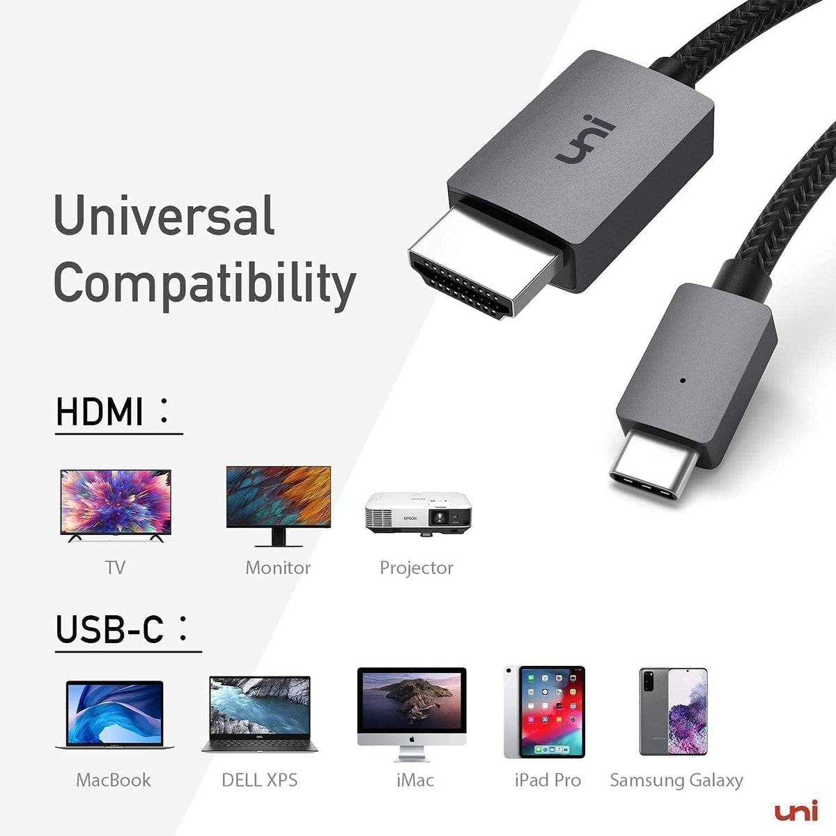 uni USB C to HDMI Cable, 4K, High-Speed, USB Type C to HDMI Cable for Home Office, Thunderbolt 3/4 Compatible, with Chromebook, MacBook Pro/Air 2023