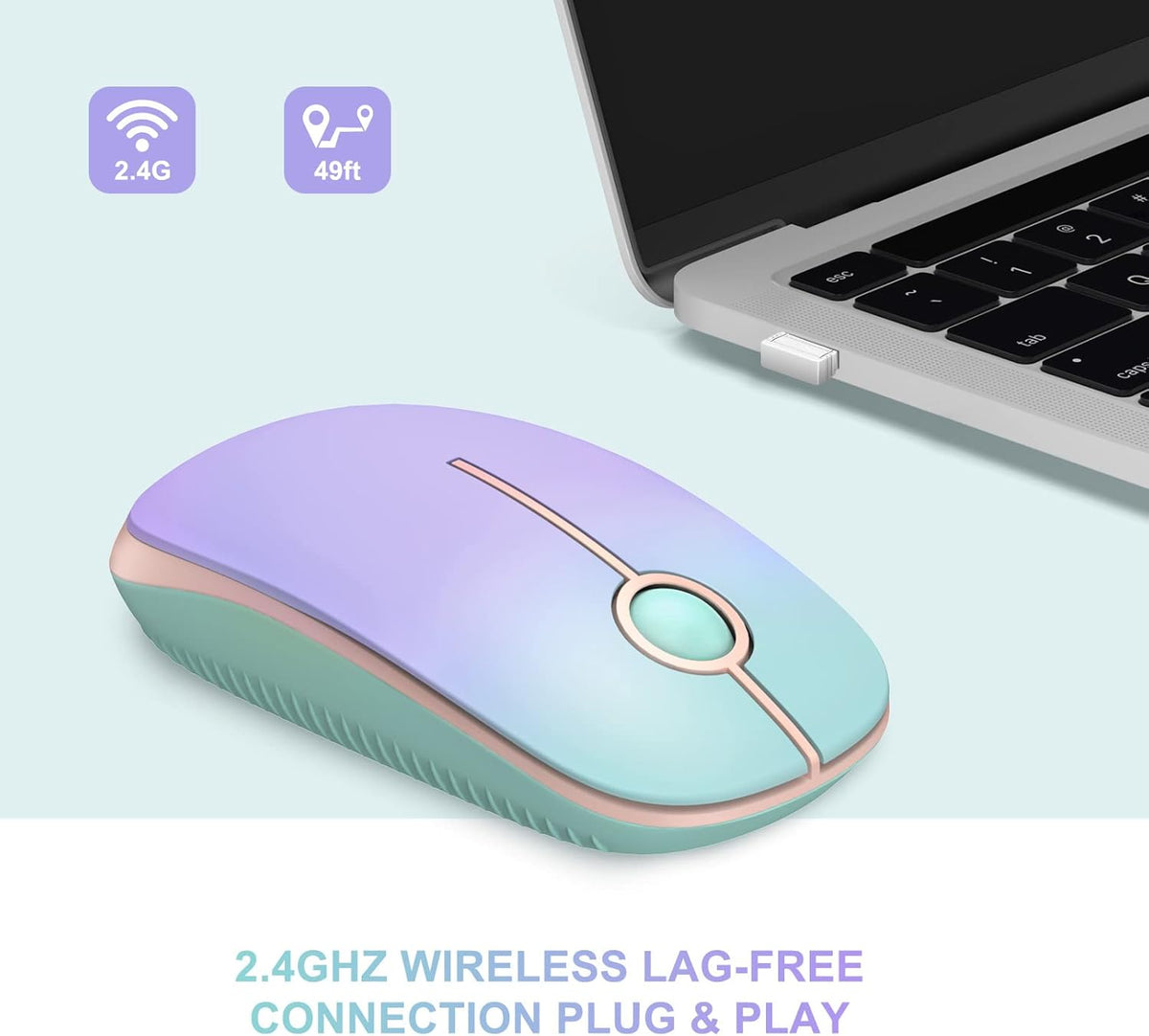 Unipows Wireless Mouse - 2.4G Slim Portable Computer Mouse with Nano Receiver, Less Noise Mobile Optical Mice for Notebook, PC (Gradient Mint Green)