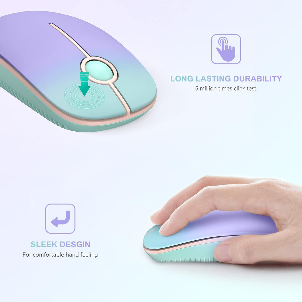 Unipows Wireless Mouse - 2.4G Slim Portable Computer Mouse with Nano Receiver, Less Noise Mobile Optical Mice for Notebook, PC (Gradient Mint Green)