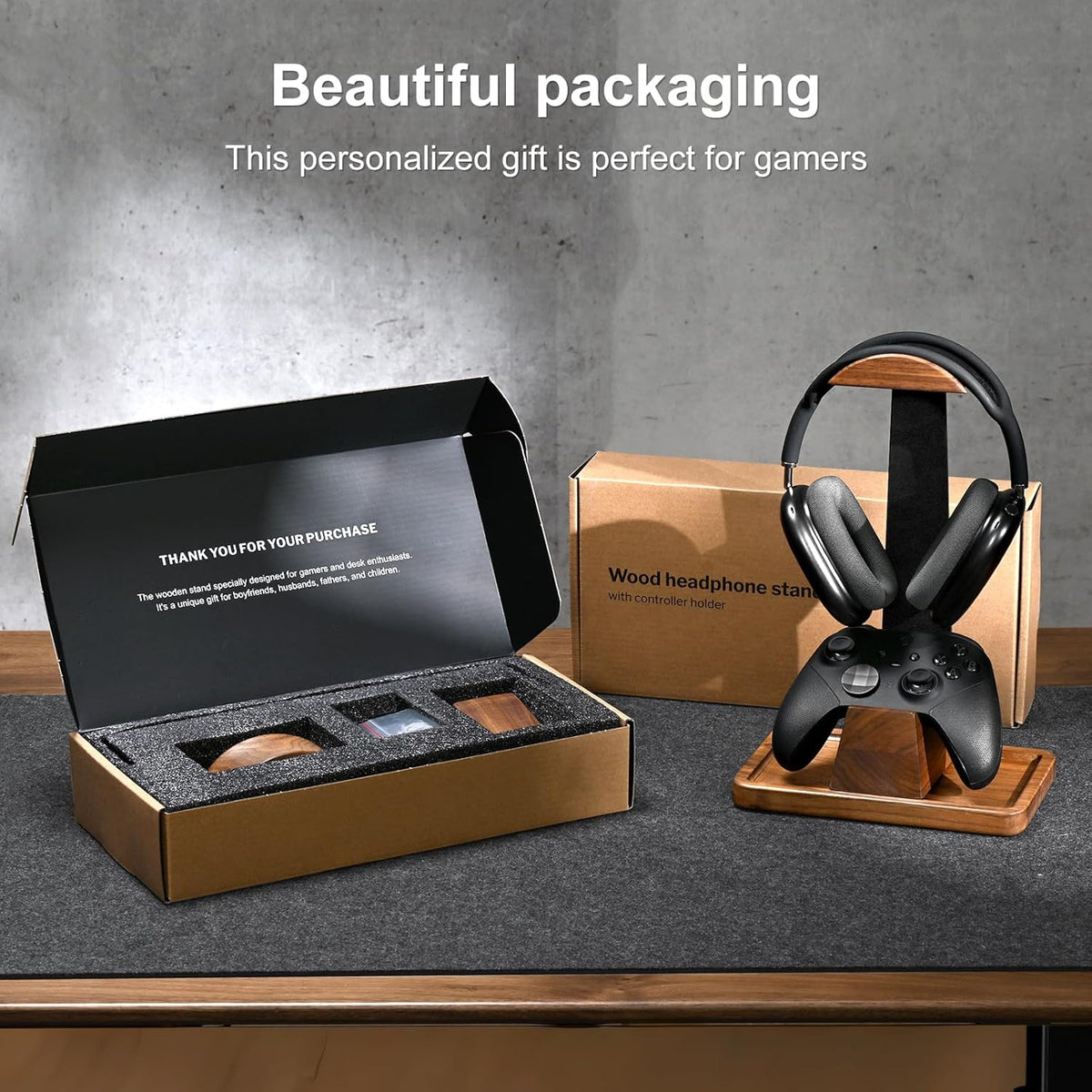 UPERGO Headset Stand with Gaming Controller Holder, Walnut Wood Headphone Stand with Storage Base, Gaming Equipment Accessories for Desk