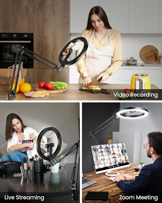 Upgrade Ring Light Overhead Camera Phone Mount for Desk, Evershop 10” Selfie Light with Stand Tripod for iPhone, Light with Phone Holder