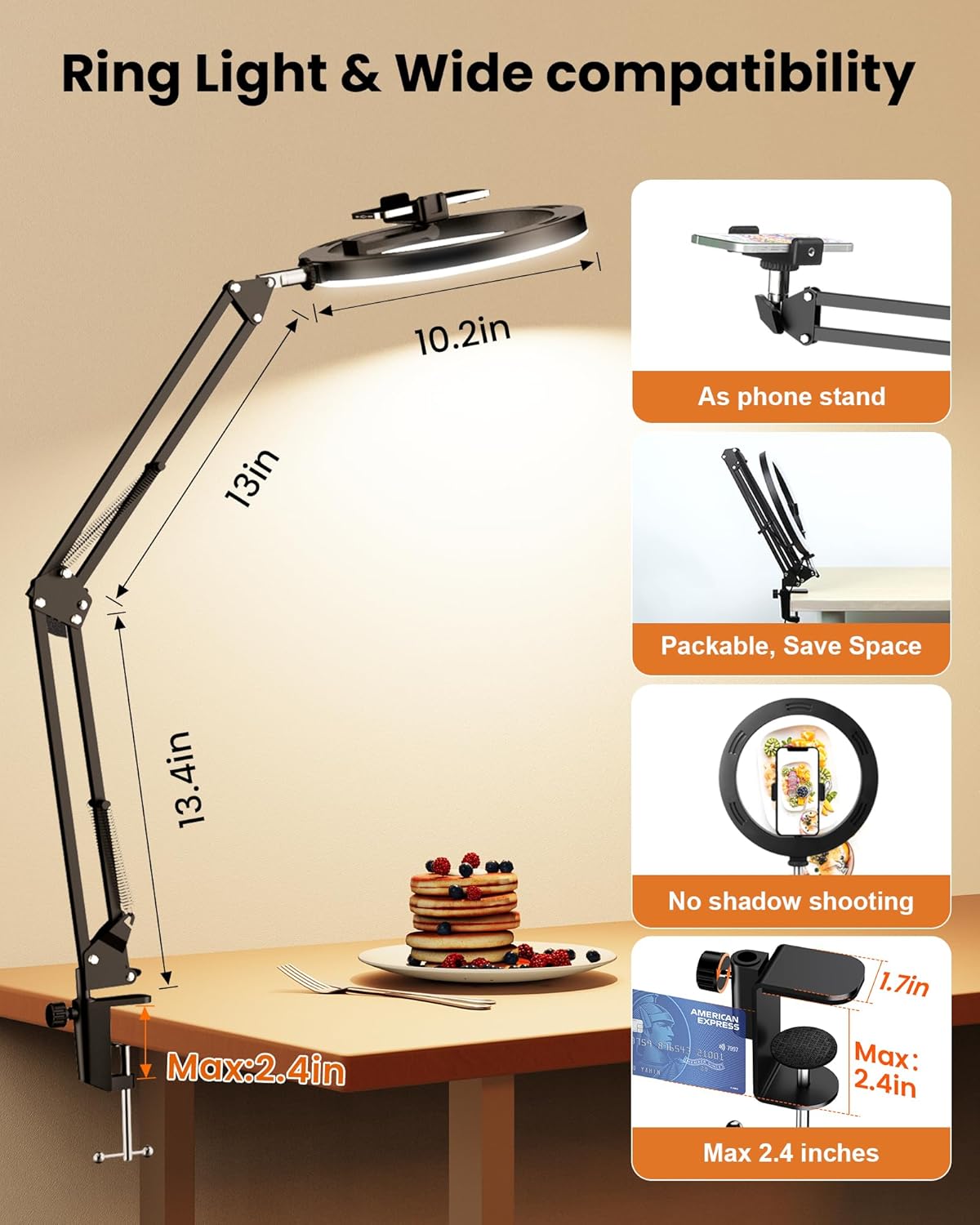 Upgrade Ring Light Overhead Camera Phone Mount for Desk, Evershop 10” Selfie Light with Stand Tripod for iPhone, Light with Phone Holder