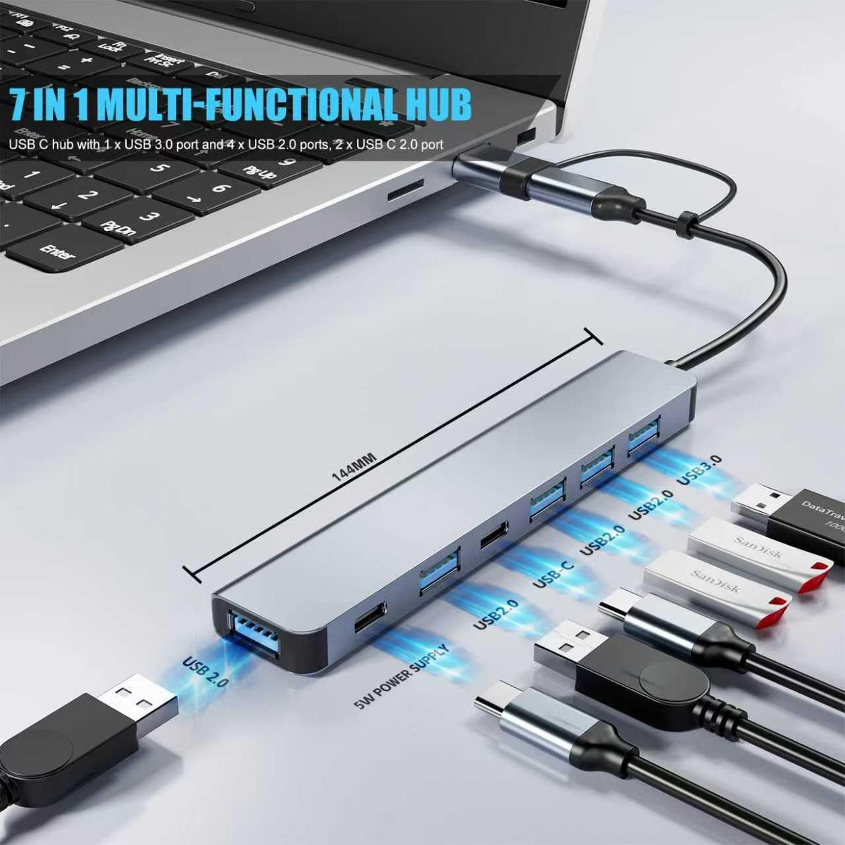 Upgrade USB C/USB Hub, BERLAT Aluminum 7 in 1 USB C & USB Hub with USB 3.0, USB 2.0 Ports for PC/Laptops/MacBook Pro/Air/iMac/iPad and More Devices