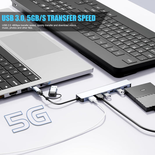 Upgrade USB C/USB Hub, BERLAT Aluminum 7 in 1 USB C & USB Hub with USB 3.0, USB 2.0 Ports for PC/Laptops/MacBook Pro/Air/iMac/iPad and More Devices