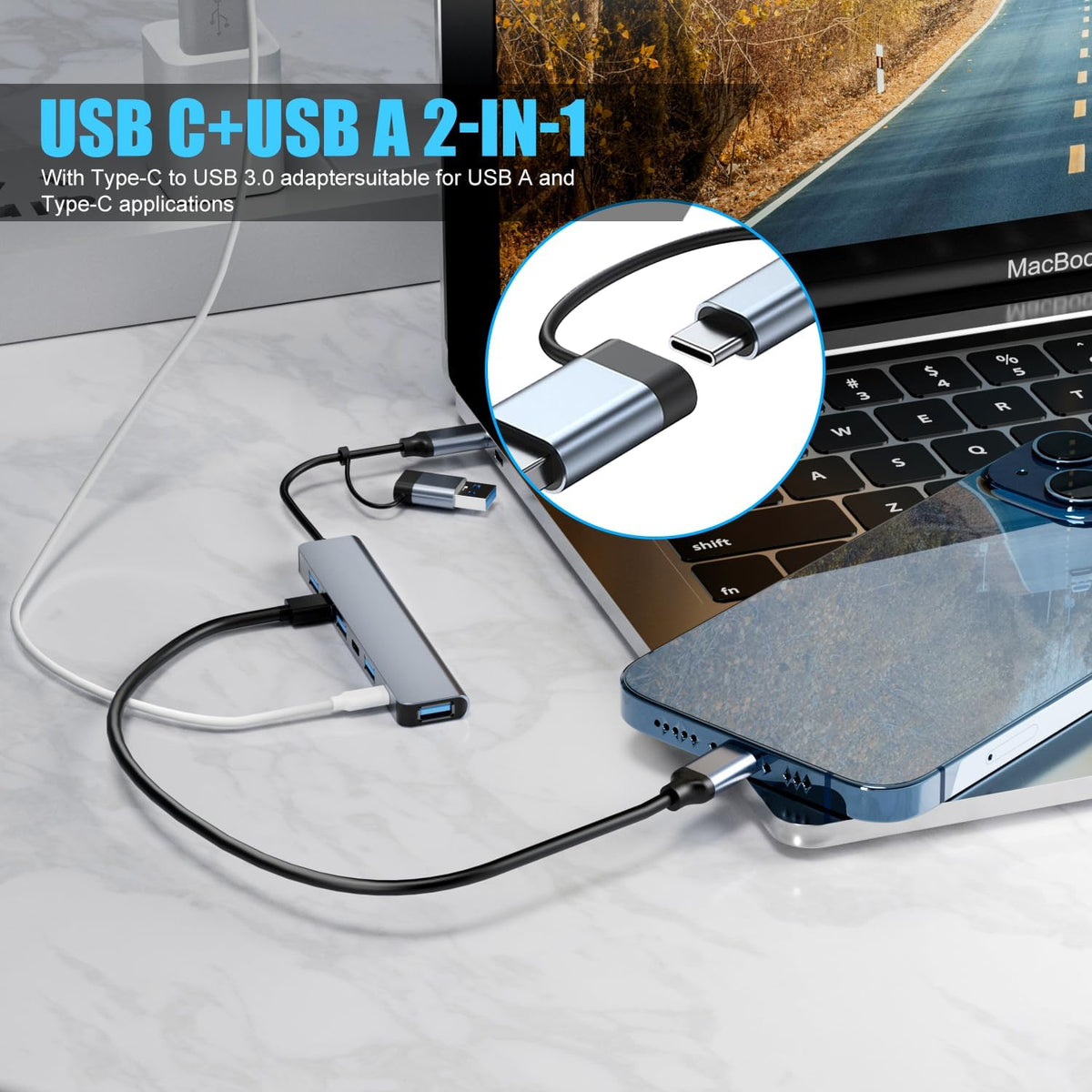 Upgrade USB C/USB Hub, BERLAT Aluminum 7 in 1 USB C & USB Hub with USB 3.0, USB 2.0 Ports for PC/Laptops/MacBook Pro/Air/iMac/iPad and More Devices