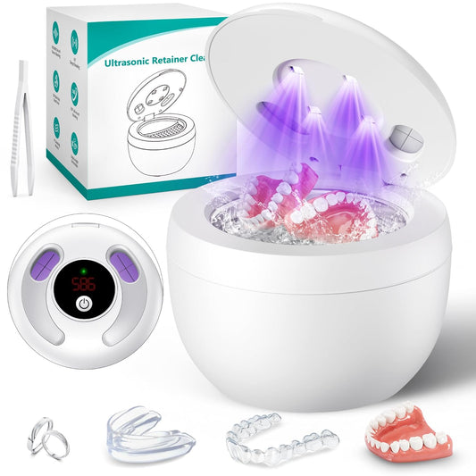 Upgraded Ultrasonic Retainer Cleaner Machine, 45kHz Ultrasonic Dentures Cleaner for Night Guards, Braces, Aligner, Toothbrush (White)