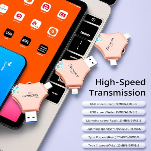 USB 3.0 Flash Drive for iPhone 256GB, MFi Certified 3in1 External Memory Photo Keeper Storage Stick (Pink)