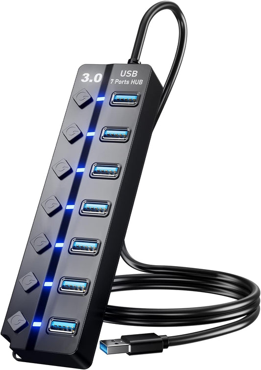 USB 3.0 Hub, PANPEO 7-Port USB Data Hub Splitter with 3ft Long Cable USB Extension for Laptop, PC Computer, Surface Pro, PS4/5, Flash Drive