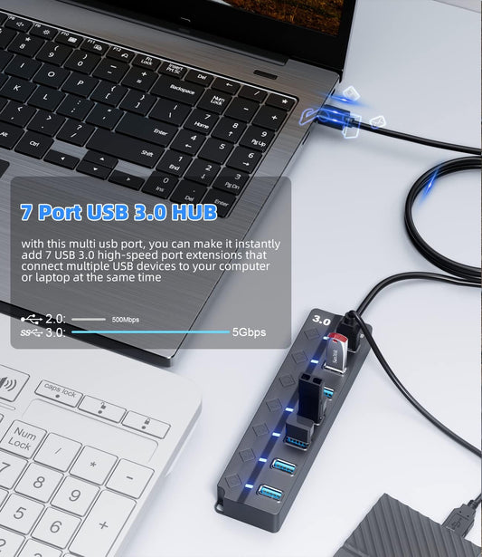 USB 3.0 Hub, PANPEO 7-Port USB Data Hub Splitter with 3ft Long Cable USB Extension for Laptop, PC Computer, Surface Pro, PS4/5, Flash Drive