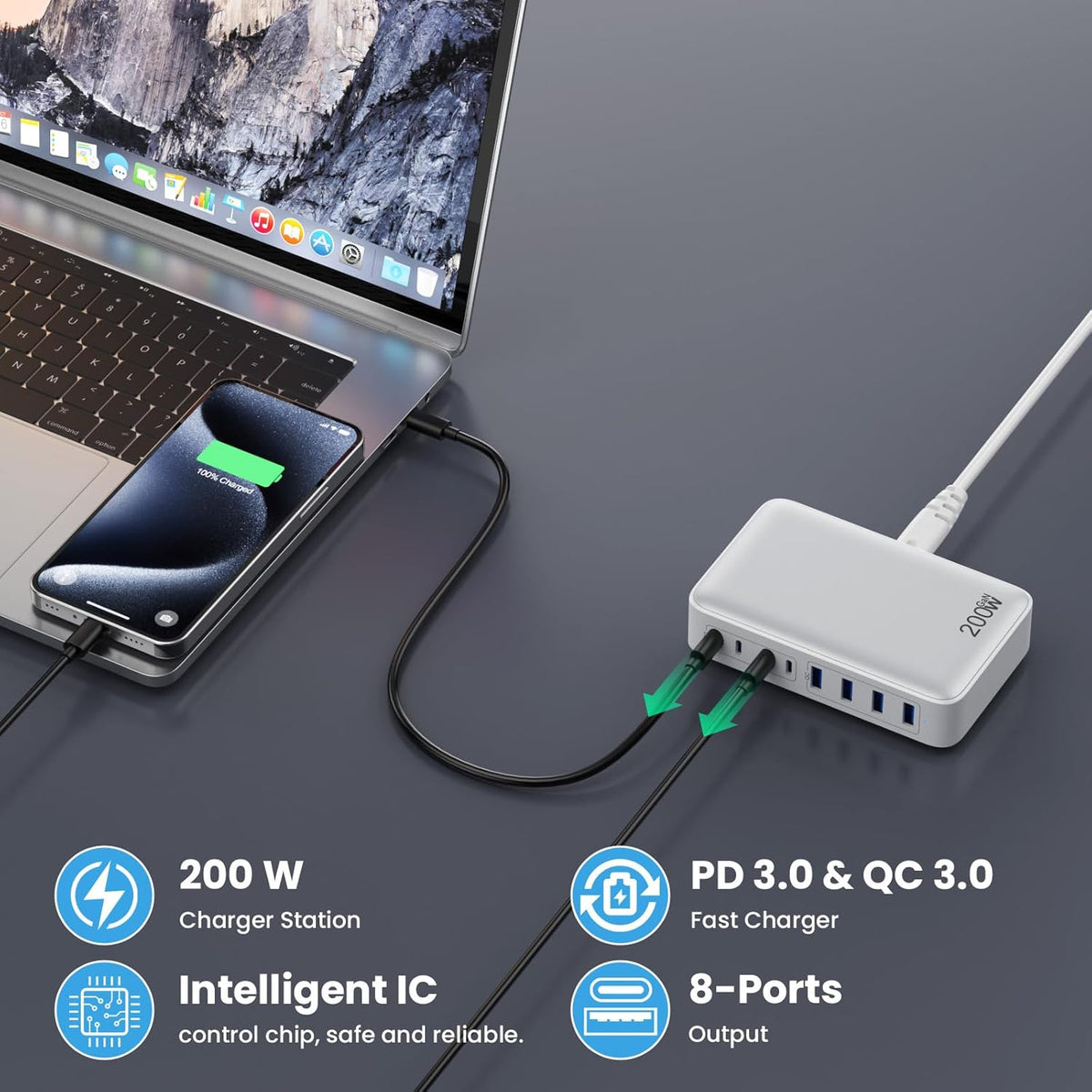 USB C Charger 200W USB C Charger Block, Upgraded GaN III 8-Port Fast Charging Station Hub, PD 65W Laptop Charging Adapter