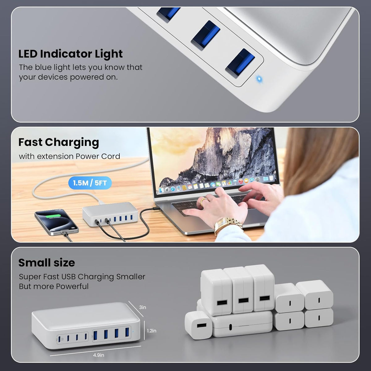 USB C Charger 200W USB C Charger Block, Upgraded GaN III 8-Port Fast Charging Station Hub, PD 65W Laptop Charging Adapter