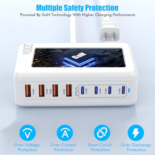USB C Charger Block, 200W GaN 8 Port USB C Charging Station USB Hub Block Cube Type C & USB A Wall Charger Power Adapter