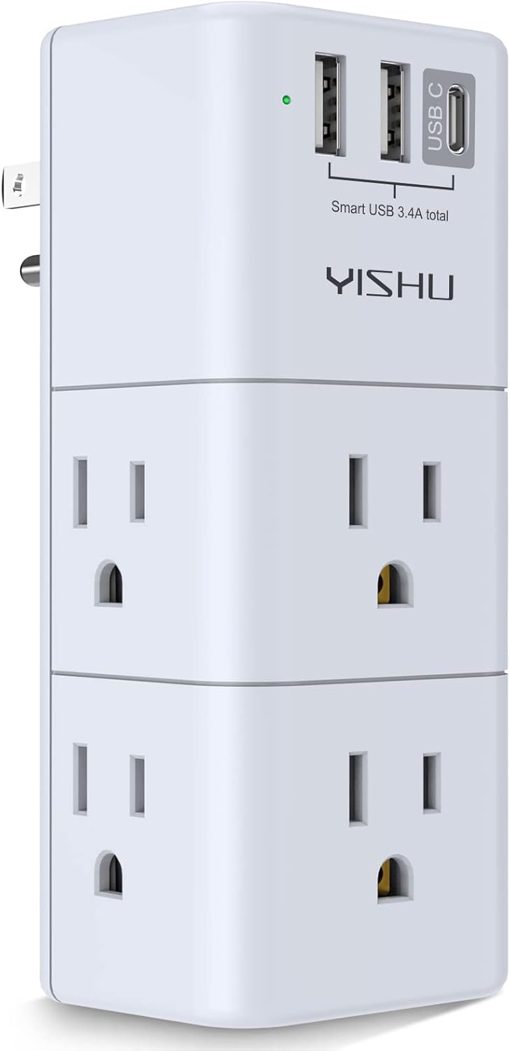 USB Multi Plug Outlet Extender - YISHU Surge Protector with Rotating Plug, 6 AC Plug Extender with 3 USB Ports