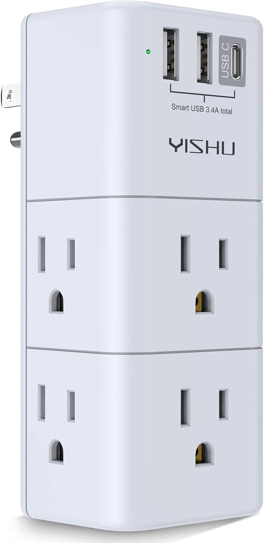 USB Multi Plug Outlet Extender - YISHU Surge Protector with Rotating Plug, 6 AC Plug Extender with 3 USB Ports