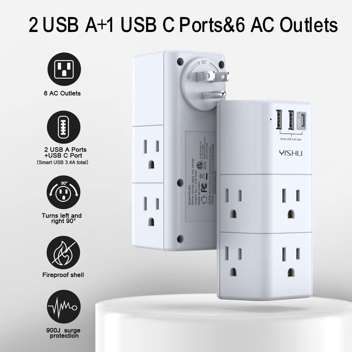 USB Multi Plug Outlet Extender - YISHU Surge Protector with Rotating Plug, 6 AC Plug Extender with 3 USB Ports