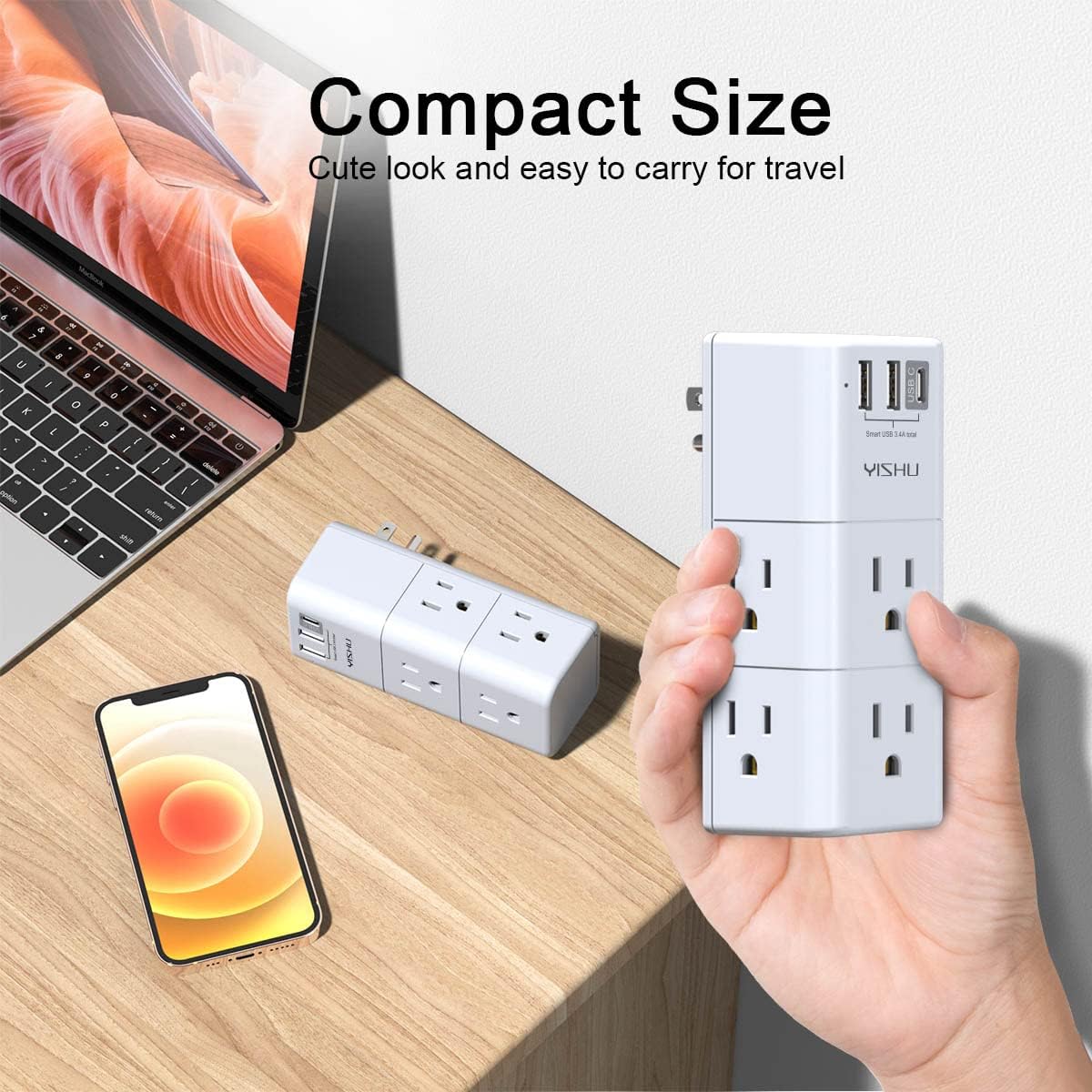 USB Multi Plug Outlet Extender - YISHU Surge Protector with Rotating Plug, 6 AC Plug Extender with 3 USB Ports