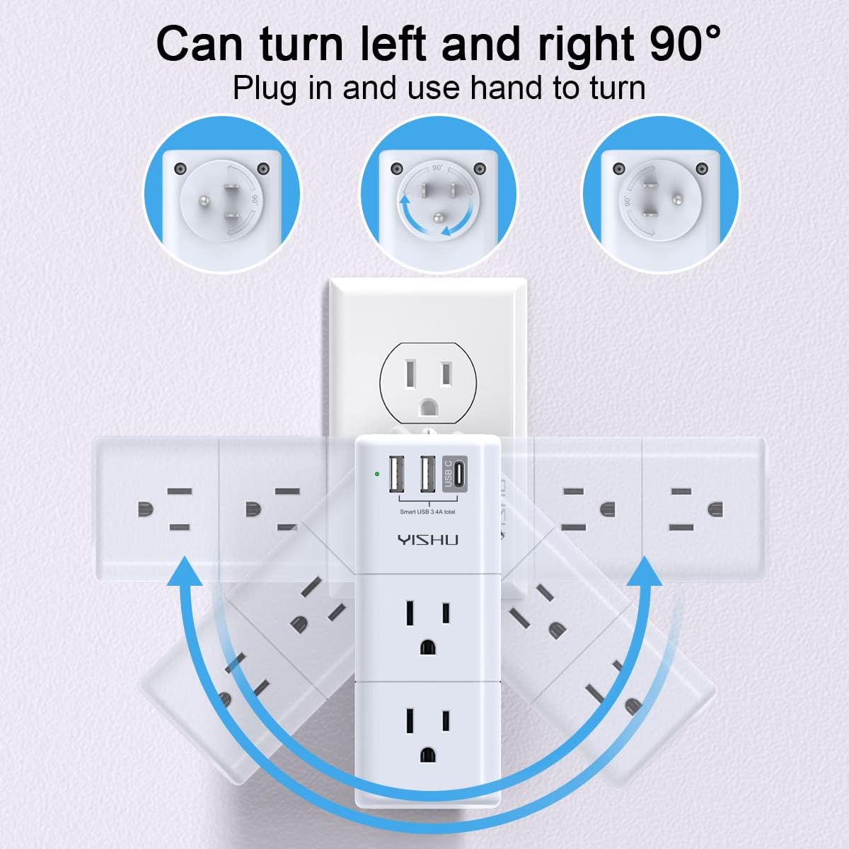 USB Multi Plug Outlet Extender - YISHU Surge Protector with Rotating Plug, 6 AC Plug Extender with 3 USB Ports