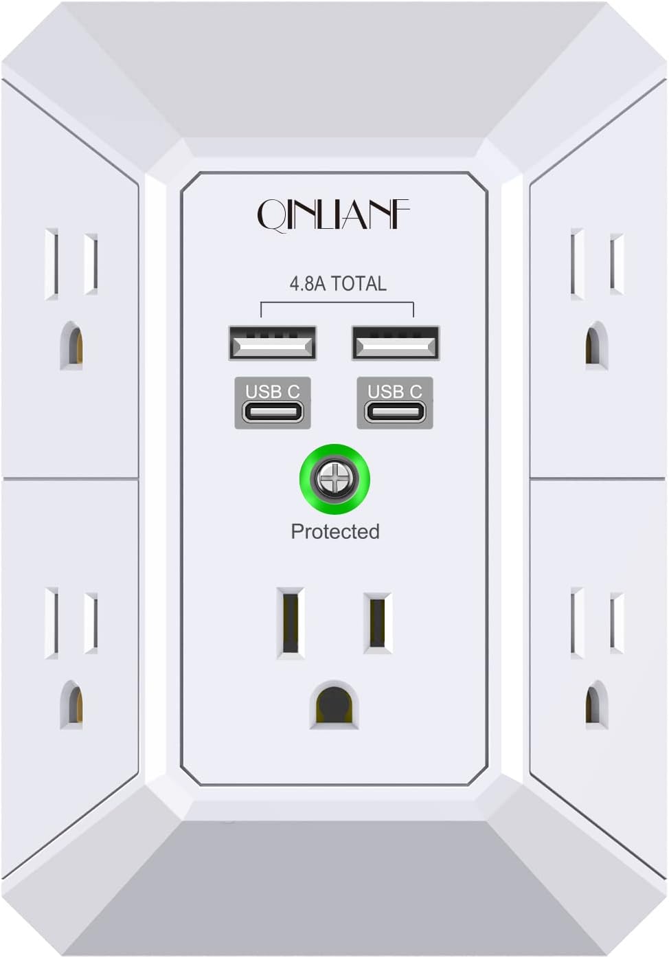 USB Wall Charger, Surge Protector, QINLIANF 5 Outlet Extender (White)