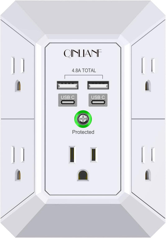 USB Wall Charger, Surge Protector, QINLIANF 5 Outlet Extender (White)