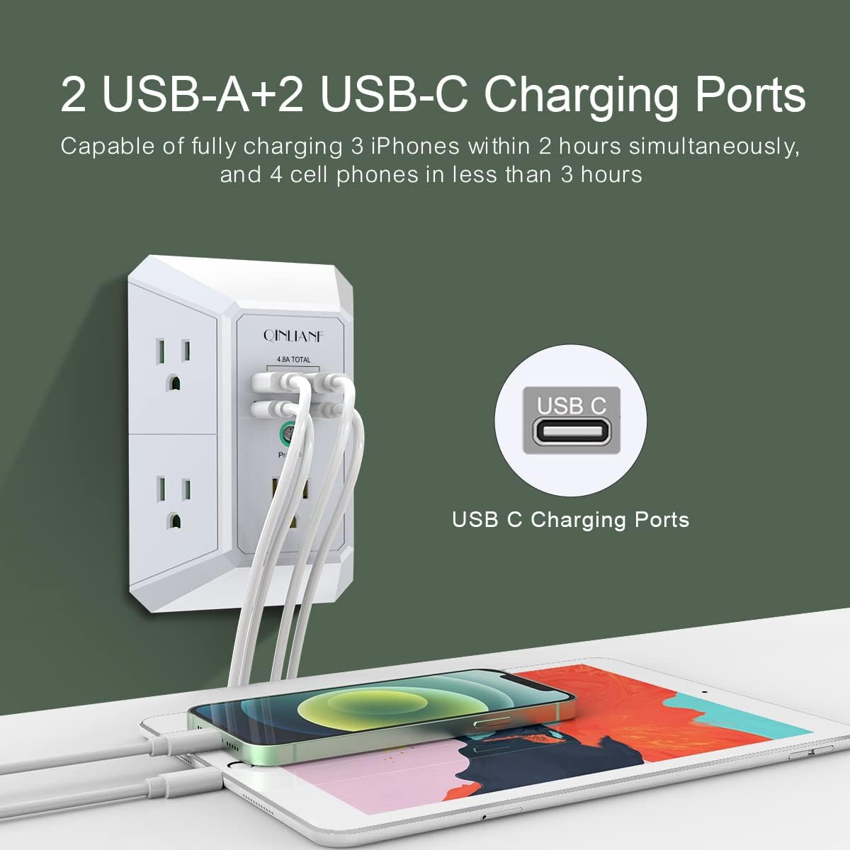 USB Wall Charger, Surge Protector, QINLIANF 5 Outlet Extender (White)