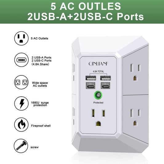 USB Wall Charger, Surge Protector, QINLIANF 5 Outlet Extender (White)
