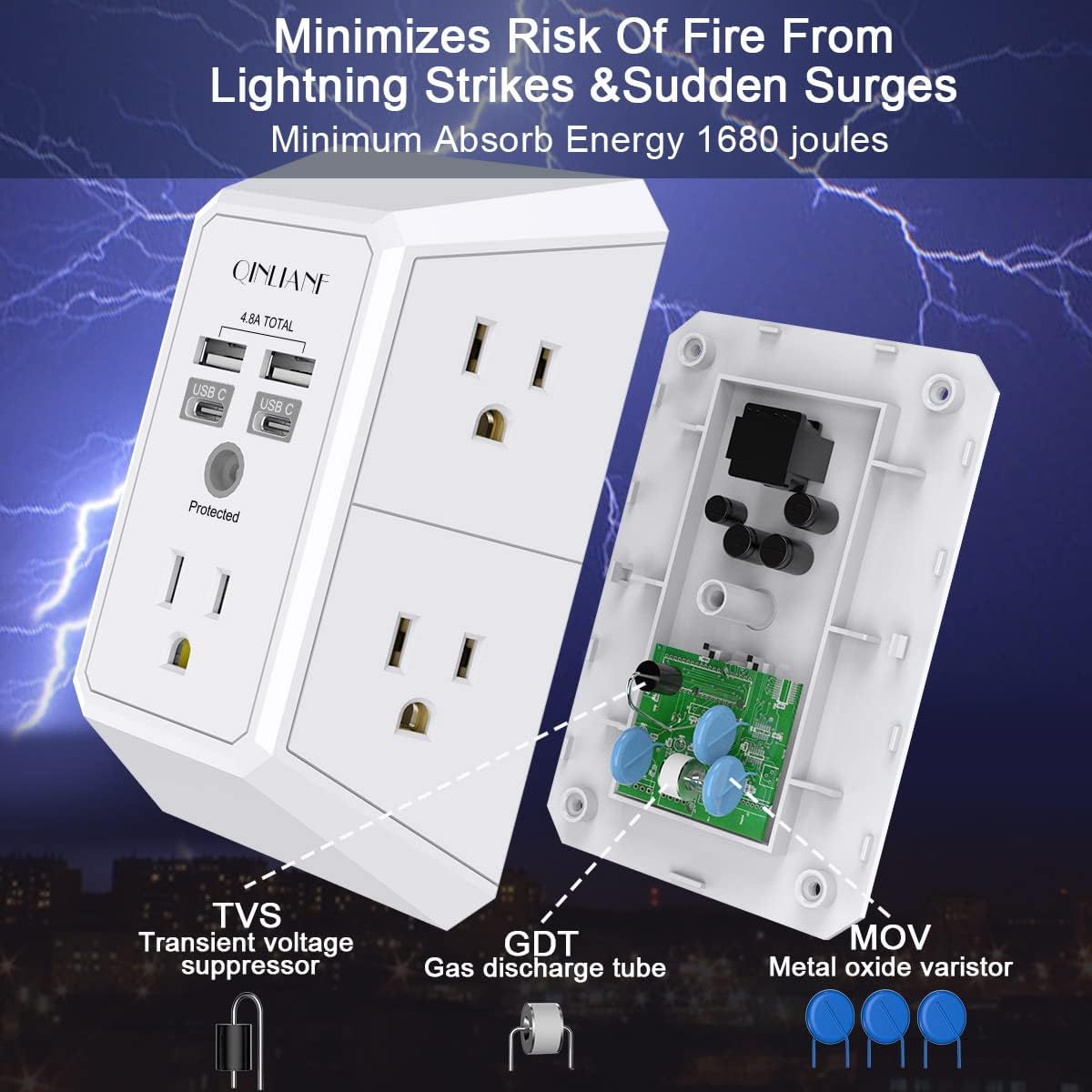 USB Wall Charger, Surge Protector, QINLIANF 5 Outlet Extender (White)
