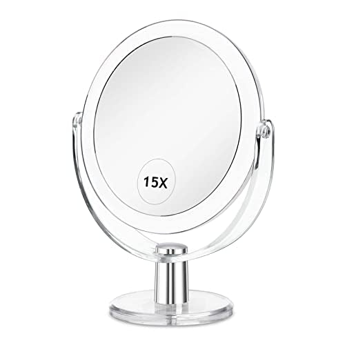 Vanity Makeup Mirror with Stand, 1X/15X Magnification Double Sided 360 Degree Swivel, Portable Table Desk Counter top Magnifying Mirror