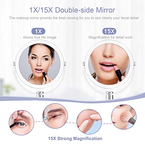 Vanity Makeup Mirror with Stand, 1X/15X Magnification Double Sided 360 Degree Swivel, Portable Table Desk Counter top Magnifying Mirror
