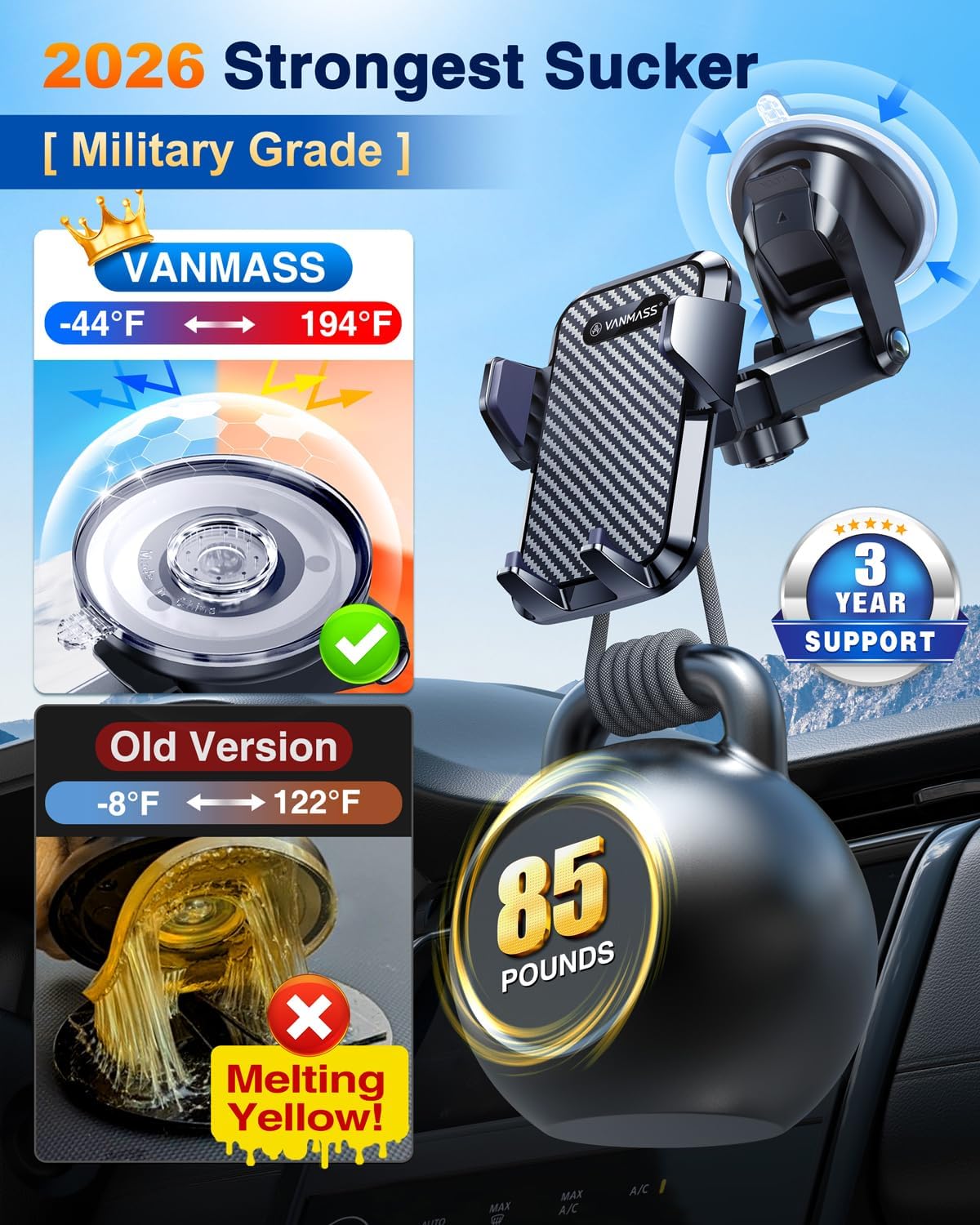 VANMASS, 85+LBS Strong Suction Car Phone Mount, Patent & Safety Certs, Cell Phone Holder Truck