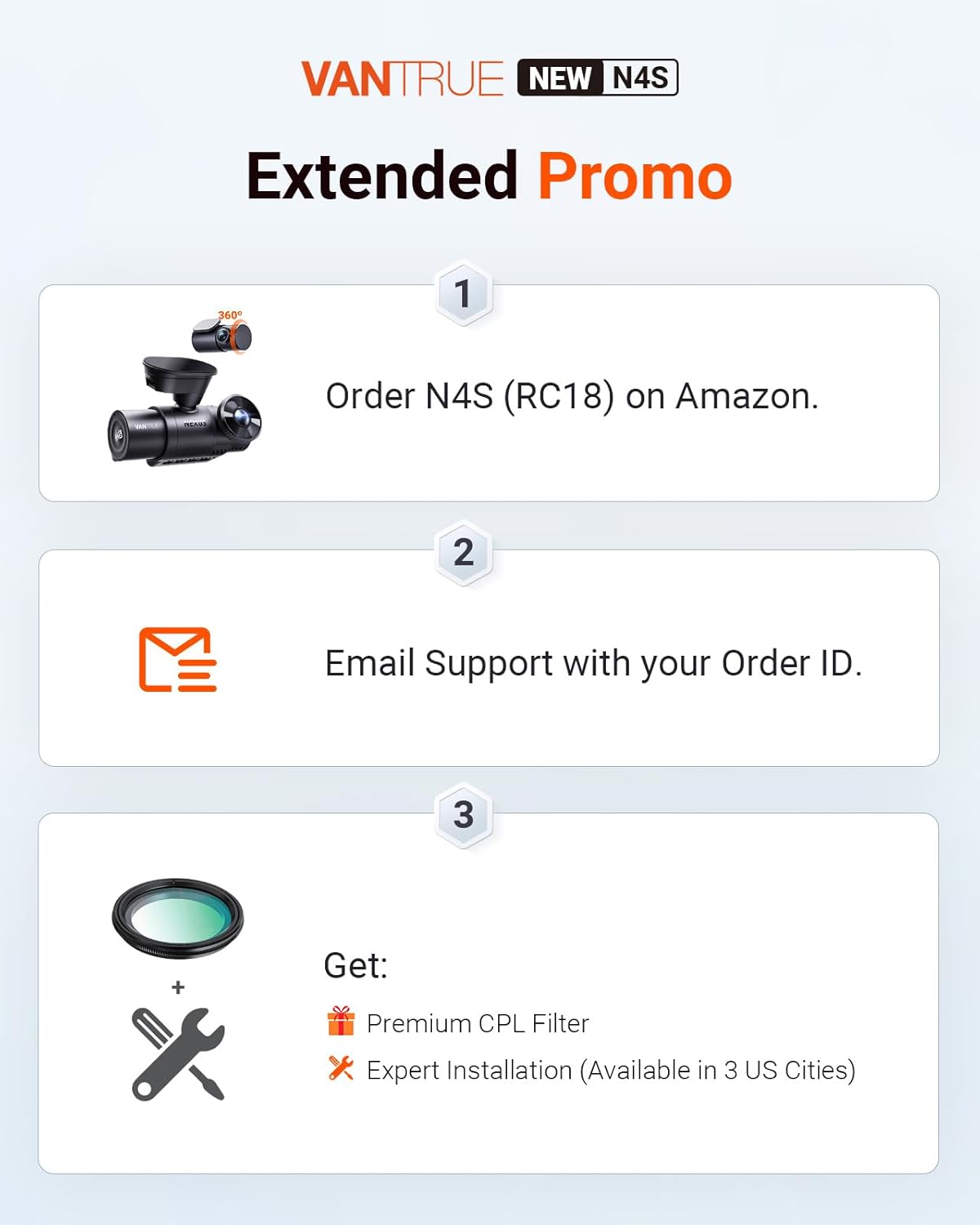 Vantrue New N4S 3 Channel Dash Cam, Front Rear Inside 2.7K+1440P+1440P Dashcam for Cars, Front and Rear Dual Channel, PlatePix™ Tech