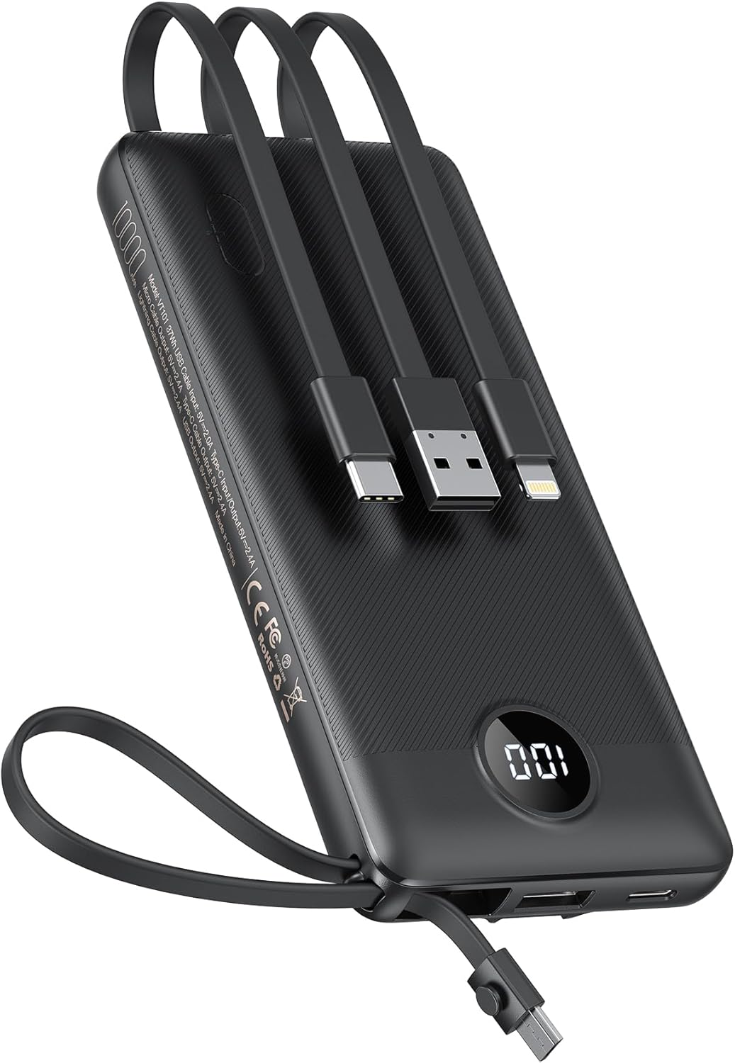 VEEKTOMX 10000mAh Portable Charger with 4 Built-in Cables - Slim Power Bank, USB-C Battery Pack with iPhone & Micro USB (Black)