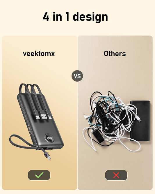 VEEKTOMX 10000mAh Portable Charger with 4 Built-in Cables - Slim Power Bank, USB-C Battery Pack with iPhone & Micro USB (Black)