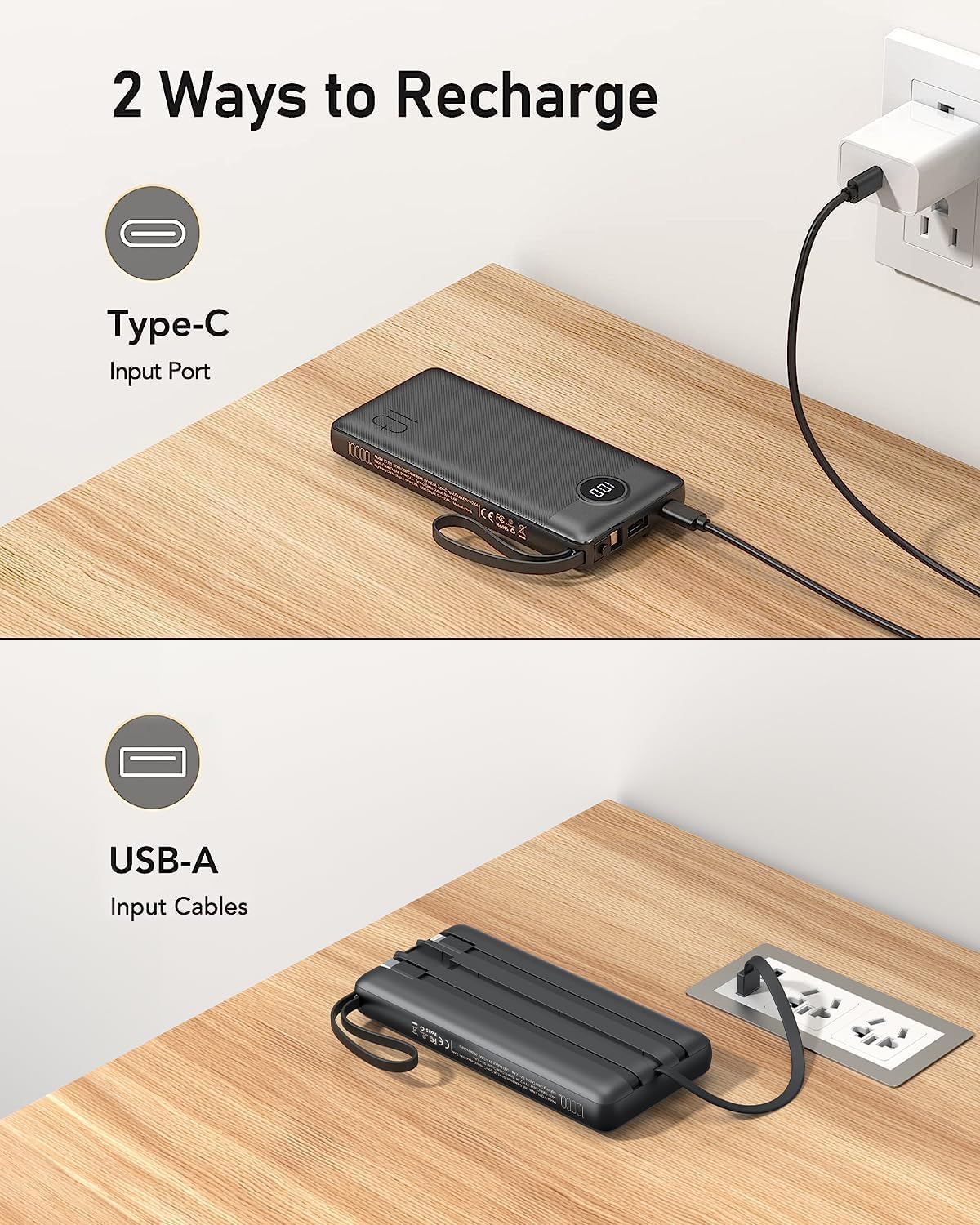 VEEKTOMX 10000mAh Portable Charger with 4 Built-in Cables - Slim Power Bank, USB-C Battery Pack with iPhone & Micro USB (Black)