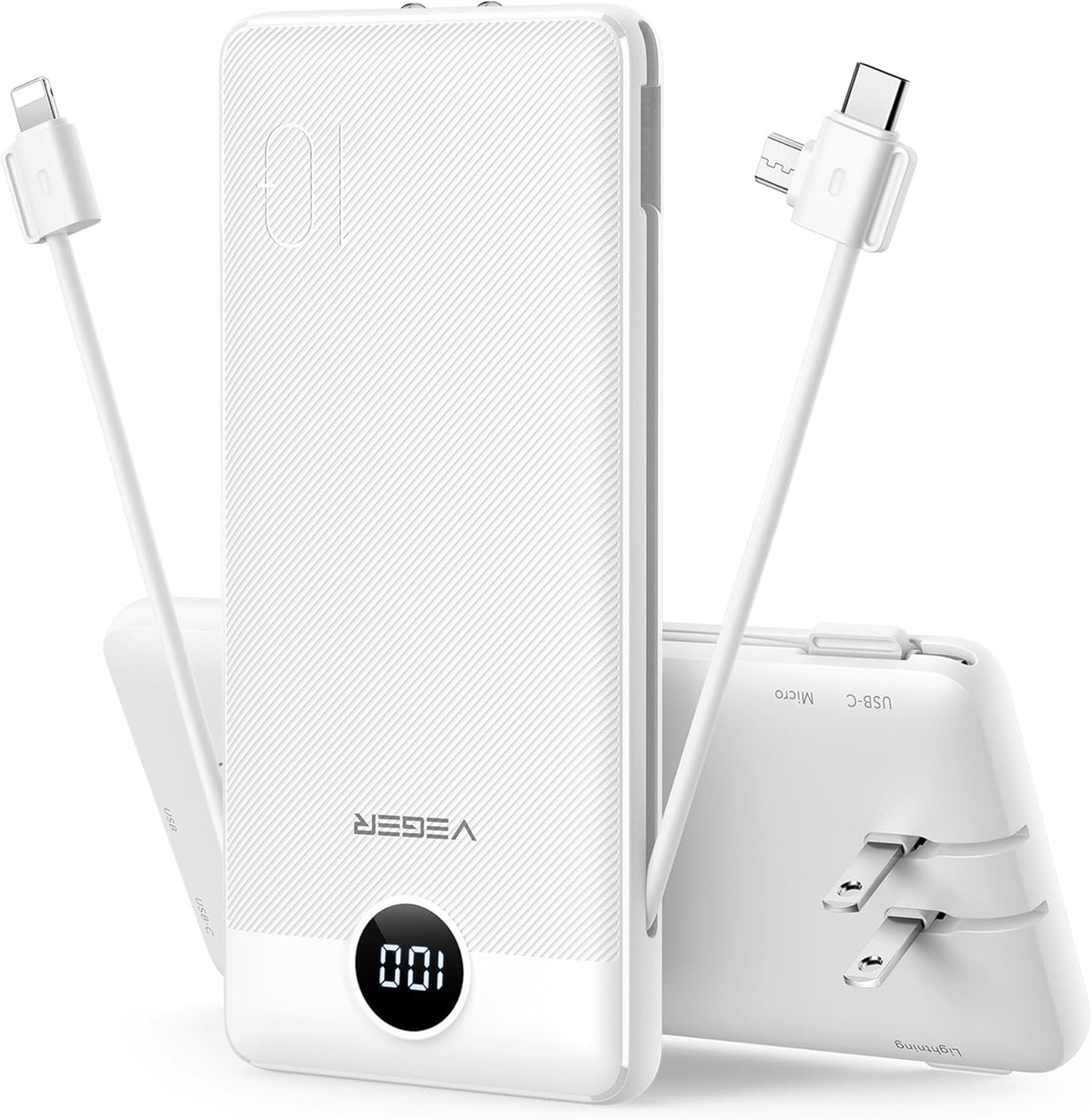 VEGER Portable Charger for iPhone Built in Cables and Wall Plug, 10000mah Slim Fast Charging USB C Power Bank, Travel Essential Battery Pack (White)