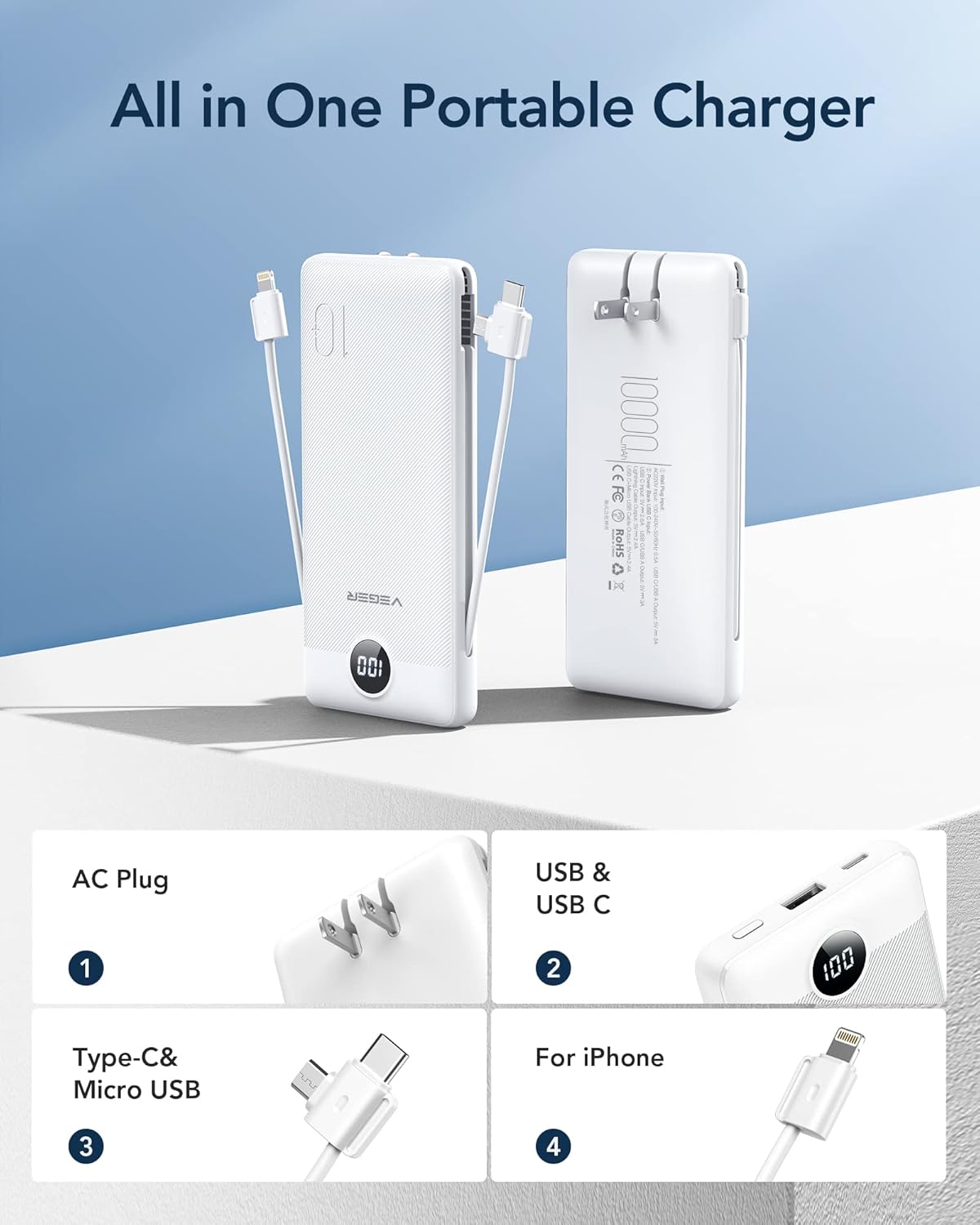 VEGER Portable Charger for iPhone Built in Cables and Wall Plug, 10000mah Slim Fast Charging USB C Power Bank, Travel Essential Battery Pack (White)