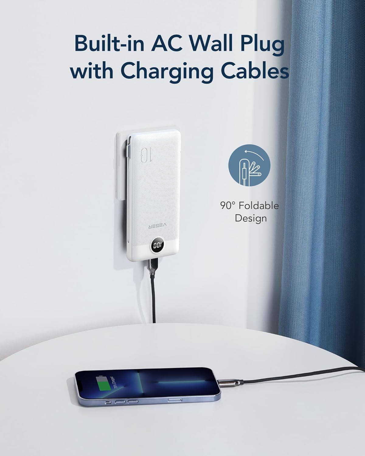VEGER Portable Charger for iPhone Built in Cables and Wall Plug, 10000mah Slim Fast Charging USB C Power Bank, Travel Essential Battery Pack (White)