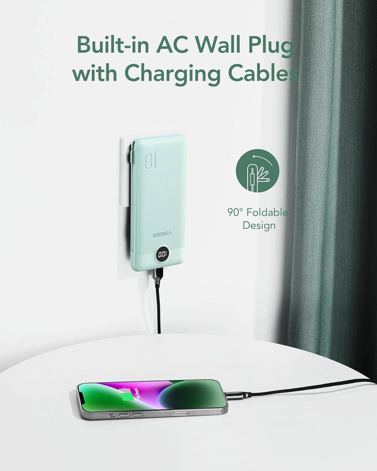 VEGER Portable Charger, Ultra Slim Power Bank Built in Wall Plug and Cables - 10000mAh All in One USB C External Battery Pack (Green)
