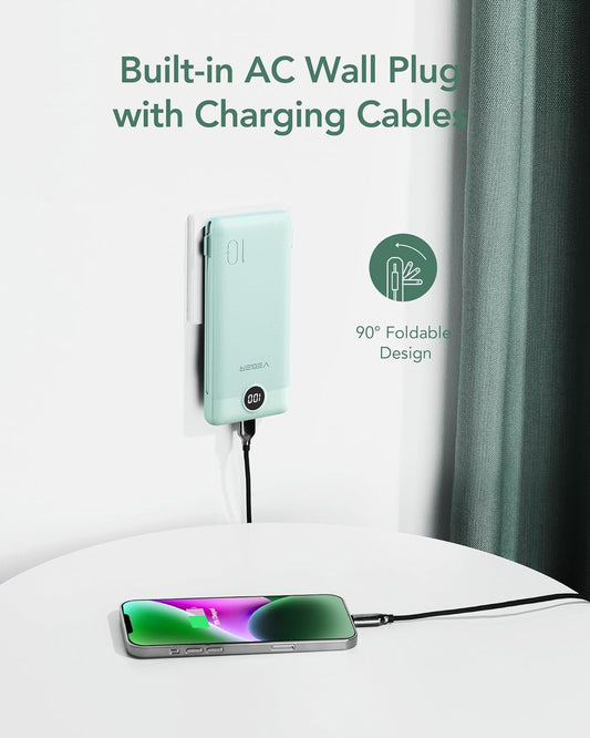 VEGER Portable Charger, Ultra Slim Power Bank Built in Wall Plug and Cables - 10000mAh All in One USB C External Battery Pack (Green)