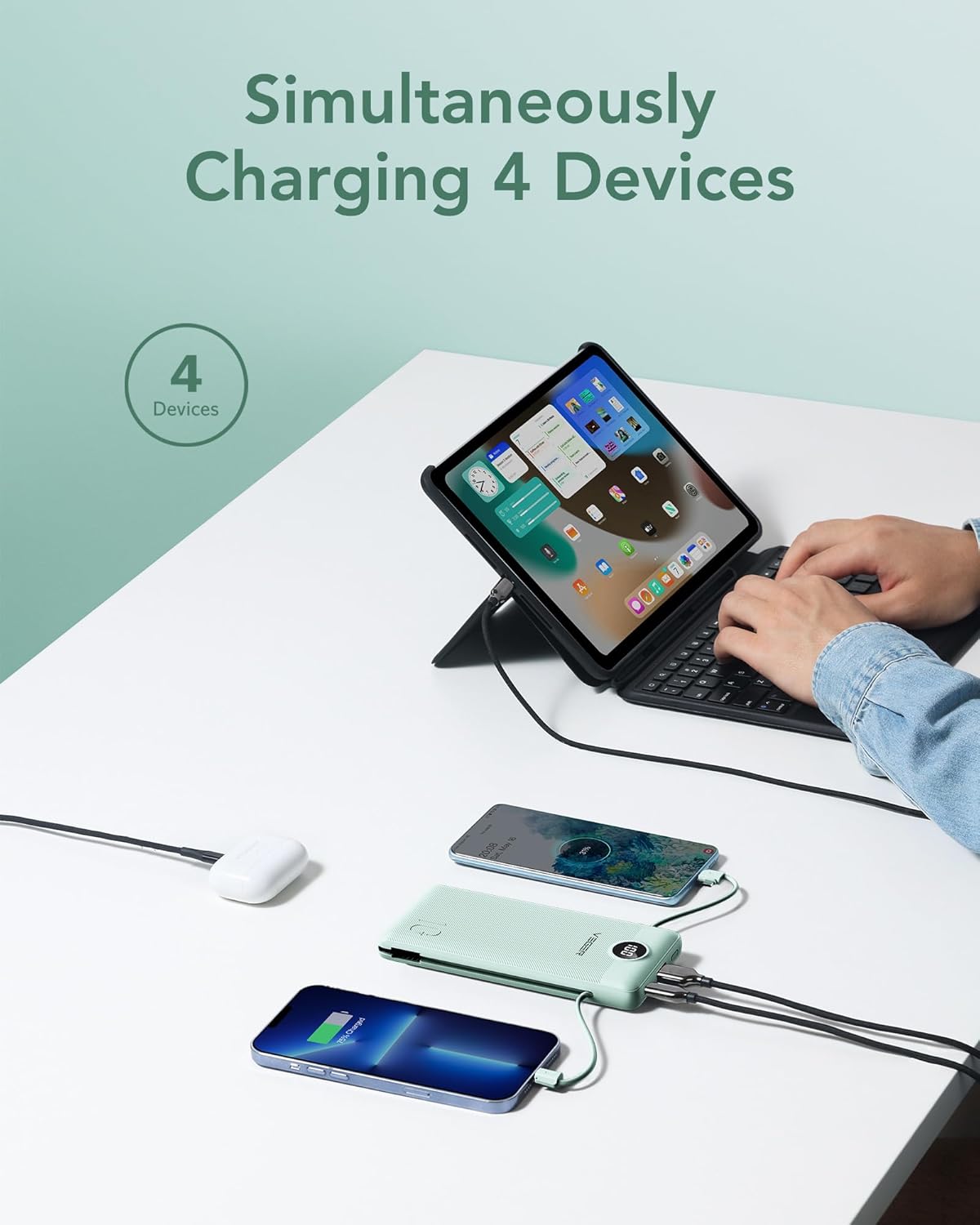 VEGER Portable Charger, Ultra Slim Power Bank Built in Wall Plug and Cables - 10000mAh All in One USB C External Battery Pack (Green)