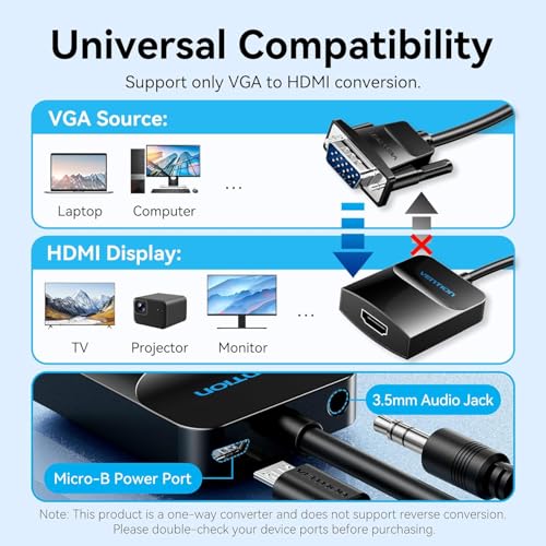 VENTION VGA to HDMI Adapter 0.5FT, Uni-Directional VGA(Source) to HDMI(Display) Converter (Male to Female) 1080@60Hz with Audio Cable