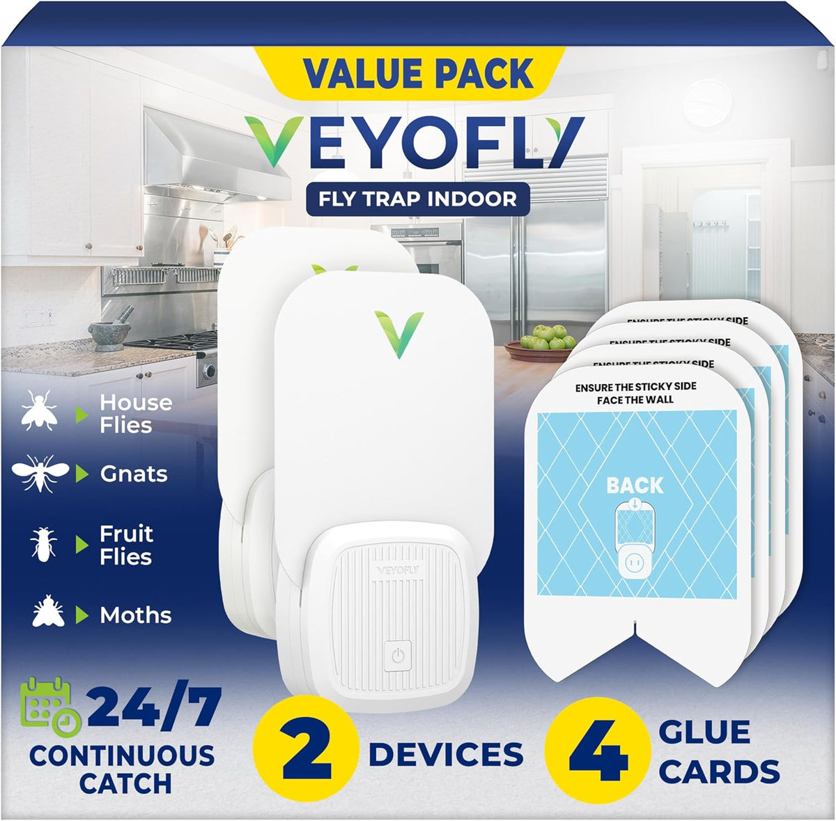 VEYOFLY Fly Trap Indoor, Fruit Fly Traps for Indoors Flying Insect (2 Device + 4 Refills) Gnat Traps for House Indoor, Bug Zapper Indoor
