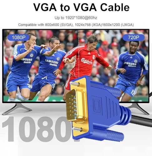 VGA Cable 6 Feet, Gold-Plated Shielded VGA Male to Male Monitor Computer Cable Adapter Cord 15 Pin HD15 1080P@60Hz Full HD High Resolution