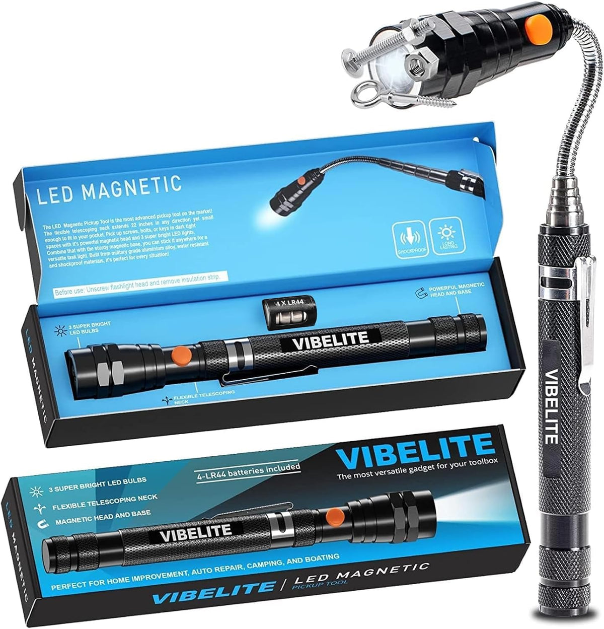 VIBELITE Extendable Magnetic Flashlight with Telescoping Magnet Pickup Tool- Cool Gadget Valentines Day Gifts for Him, Men, Teen Boys, Husband (Black)