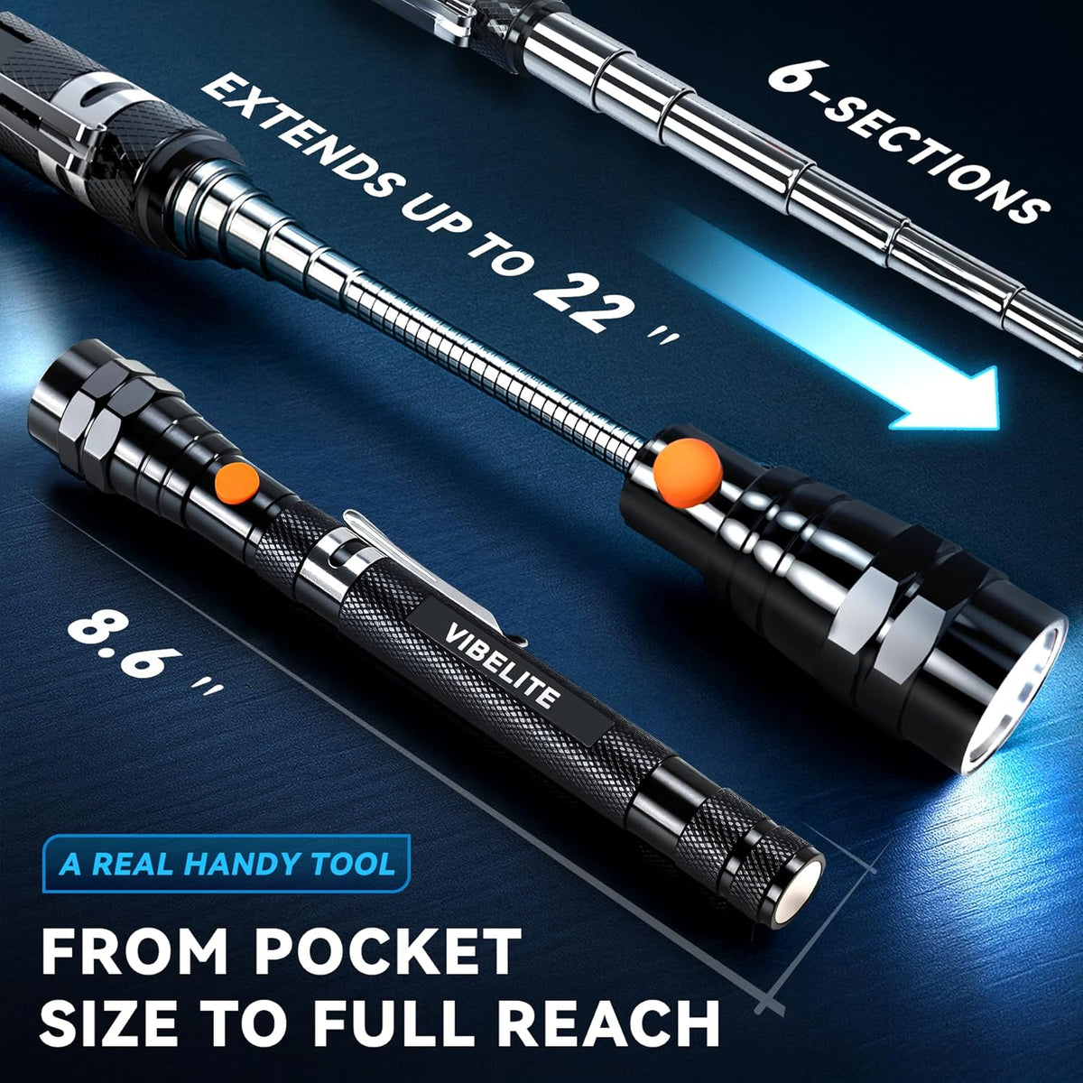 VIBELITE Extendable Magnetic Flashlight with Telescoping Magnet Pickup Tool- Cool Gadget Valentines Day Gifts for Him, Men, Teen Boys, Husband (Black)