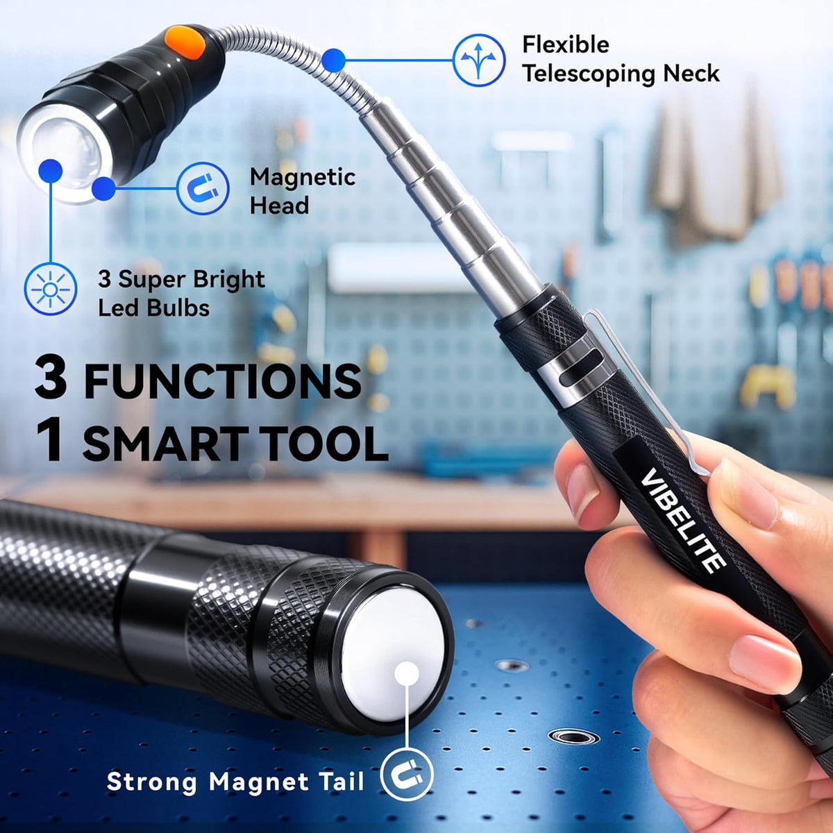 VIBELITE Extendable Magnetic Flashlight with Telescoping Magnet Pickup Tool- Cool Gadget Valentines Day Gifts for Him, Men, Teen Boys, Husband (Black)