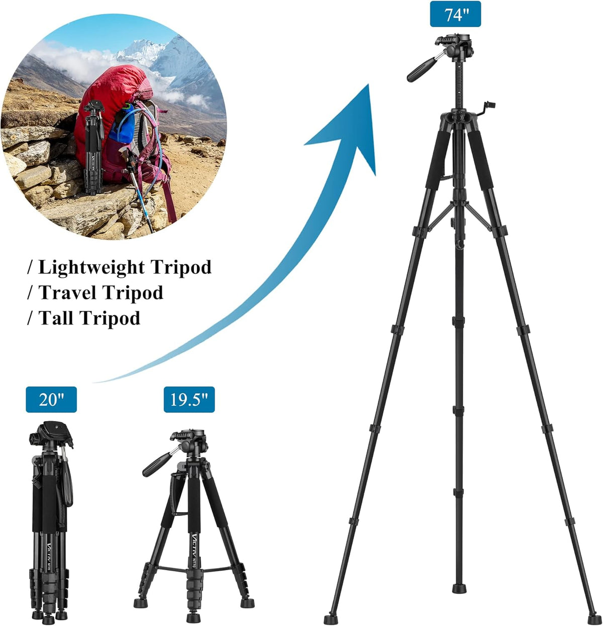 VICTIV 74” Camera Tripod, Tripod for Camera and Phone, Aluminum Professional Tripod Stand for Canon Nikon with Carry Bag and Phone Holder