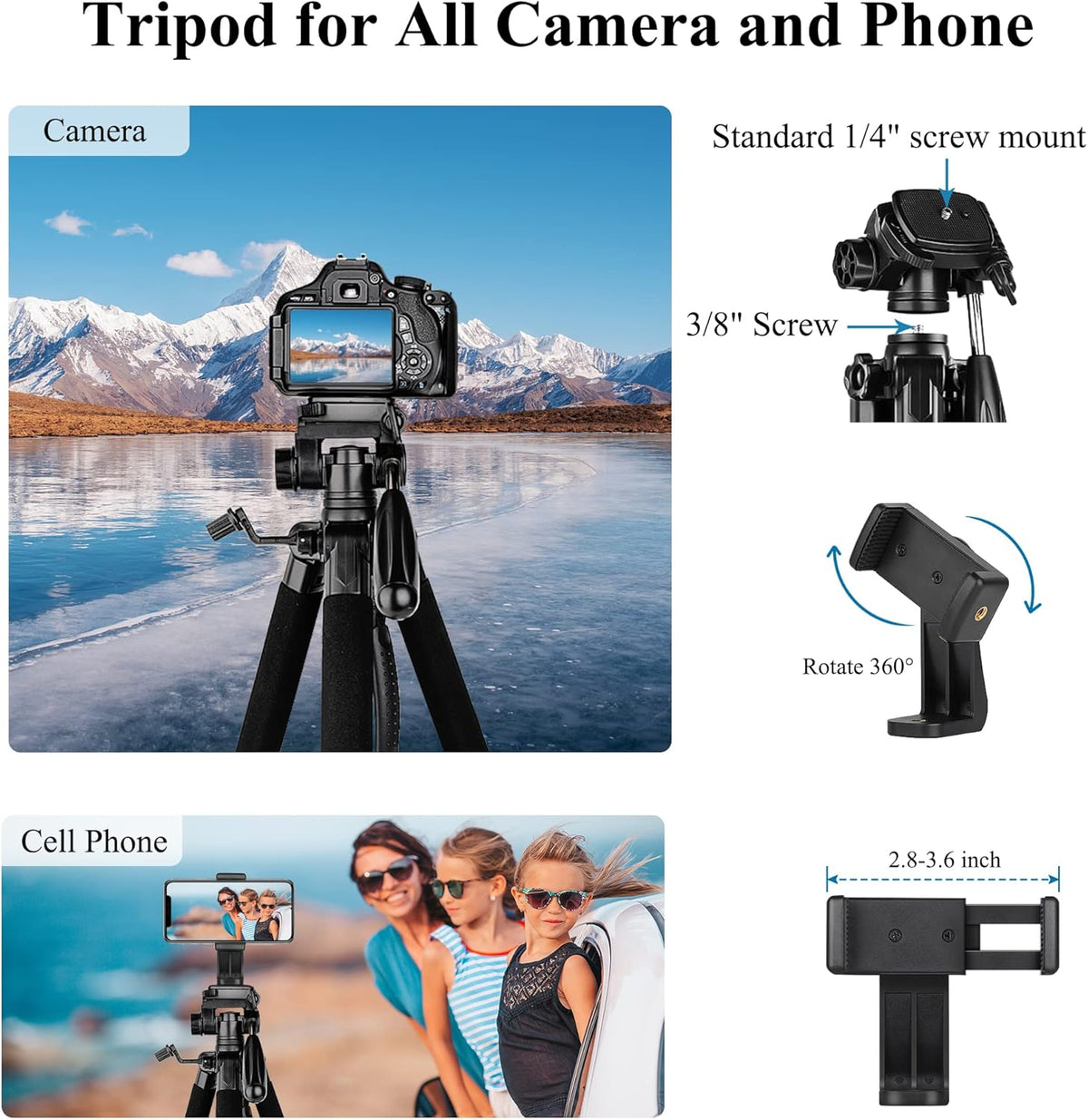 VICTIV 74” Camera Tripod, Tripod for Camera and Phone, Aluminum Professional Tripod Stand for Canon Nikon with Carry Bag and Phone Holder