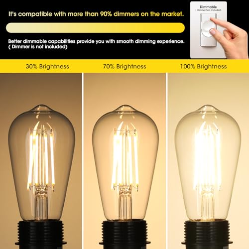 Vintage LED Edison Bulbs 6W, Equivalent 60W Incandescent, Warm White 2700K, ST58 Antique LED Filament Bulbs with 90+ CRI, E26 Medium Base (Pack of 6)